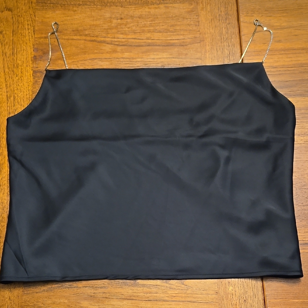 House of Harlow 1960 Rhinestone Strap Black Satin Cowl Neck Camisole